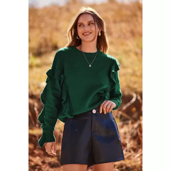 imagePRETTYGARDEN Womens 2023 Knit Pullover Sweaters Long Sleeve Crewneck Ruffle Loose Jumper Tops BlousesGreen