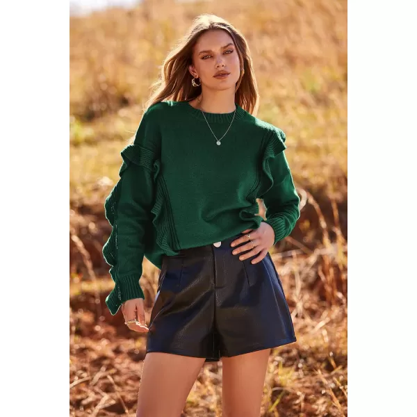 imagePRETTYGARDEN Womens 2023 Knit Pullover Sweaters Long Sleeve Crewneck Ruffle Loose Jumper Tops BlousesGreen