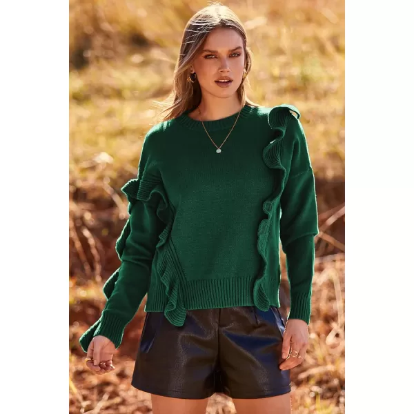 imagePRETTYGARDEN Womens 2023 Knit Pullover Sweaters Long Sleeve Crewneck Ruffle Loose Jumper Tops BlousesGreen