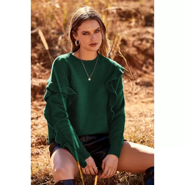 imagePRETTYGARDEN Womens 2023 Knit Pullover Sweaters Long Sleeve Crewneck Ruffle Loose Jumper Tops BlousesGreen