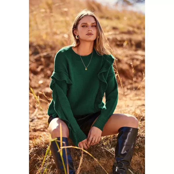 imagePRETTYGARDEN Womens 2023 Knit Pullover Sweaters Long Sleeve Crewneck Ruffle Loose Jumper Tops BlousesGreen