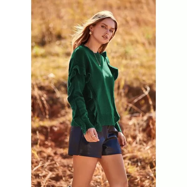 imagePRETTYGARDEN Womens 2023 Knit Pullover Sweaters Long Sleeve Crewneck Ruffle Loose Jumper Tops BlousesGreen