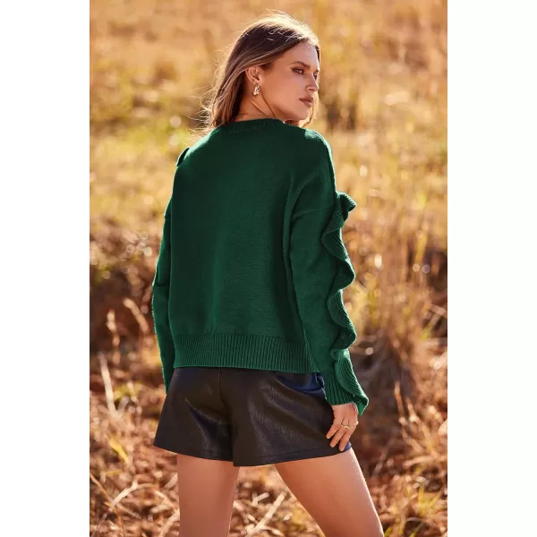 imagePRETTYGARDEN Womens 2023 Knit Pullover Sweaters Long Sleeve Crewneck Ruffle Loose Jumper Tops BlousesGreen