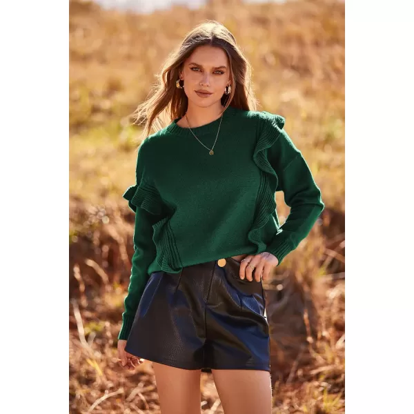 imagePRETTYGARDEN Womens 2023 Knit Pullover Sweaters Long Sleeve Crewneck Ruffle Loose Jumper Tops BlousesGreen