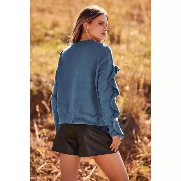 imagePRETTYGARDEN Womens 2023 Knit Pullover Sweaters Long Sleeve Crewneck Ruffle Loose Jumper Tops BlousesGrey Blue