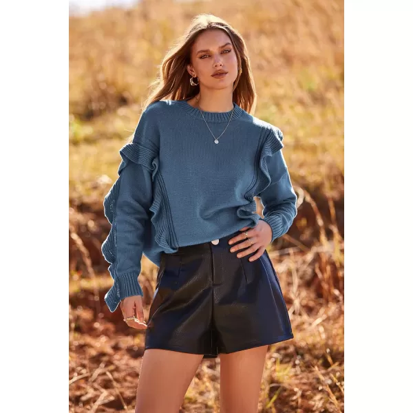 imagePRETTYGARDEN Womens 2023 Knit Pullover Sweaters Long Sleeve Crewneck Ruffle Loose Jumper Tops BlousesGrey Blue