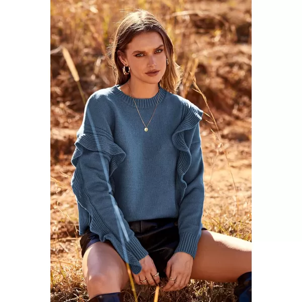 imagePRETTYGARDEN Womens 2023 Knit Pullover Sweaters Long Sleeve Crewneck Ruffle Loose Jumper Tops BlousesGrey Blue