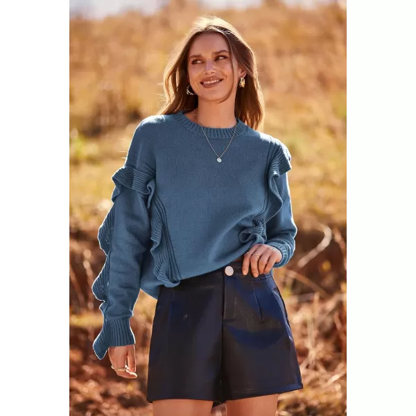 imagePRETTYGARDEN Womens 2023 Knit Pullover Sweaters Long Sleeve Crewneck Ruffle Loose Jumper Tops BlousesGrey Blue