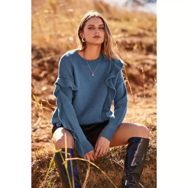imagePRETTYGARDEN Womens 2023 Knit Pullover Sweaters Long Sleeve Crewneck Ruffle Loose Jumper Tops BlousesGrey Blue