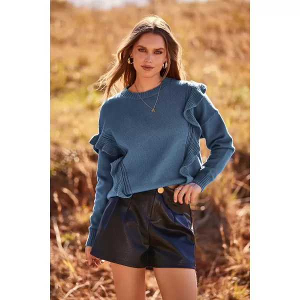 imagePRETTYGARDEN Womens 2023 Knit Pullover Sweaters Long Sleeve Crewneck Ruffle Loose Jumper Tops BlousesGrey Blue