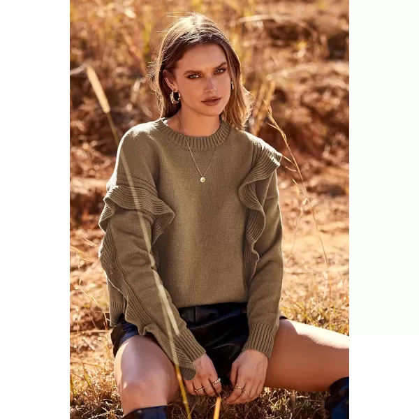 imagePRETTYGARDEN Womens 2023 Knit Pullover Sweaters Long Sleeve Crewneck Ruffle Loose Jumper Tops BlousesKhaki