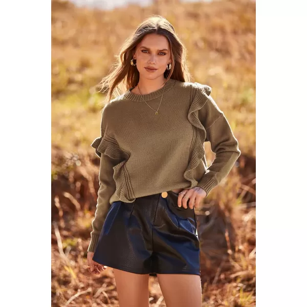 imagePRETTYGARDEN Womens 2023 Knit Pullover Sweaters Long Sleeve Crewneck Ruffle Loose Jumper Tops BlousesKhaki