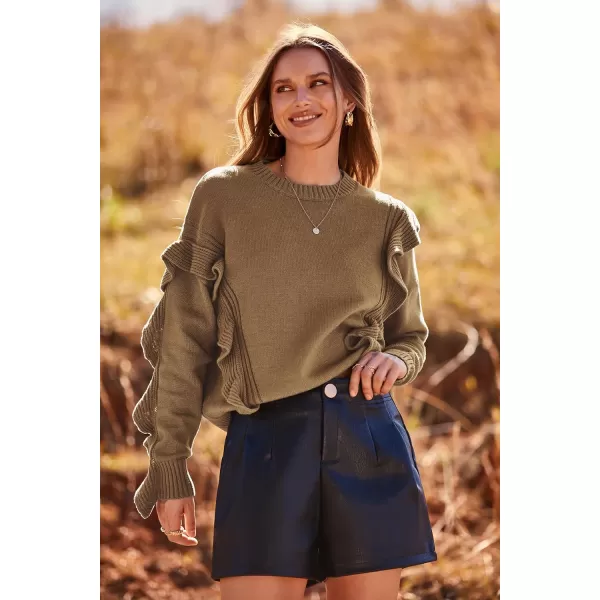 imagePRETTYGARDEN Womens 2023 Knit Pullover Sweaters Long Sleeve Crewneck Ruffle Loose Jumper Tops BlousesKhaki