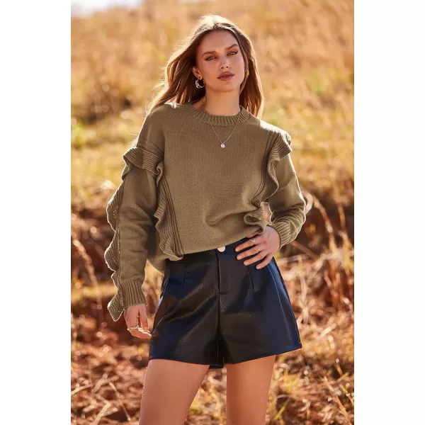 imagePRETTYGARDEN Womens 2023 Knit Pullover Sweaters Long Sleeve Crewneck Ruffle Loose Jumper Tops BlousesKhaki