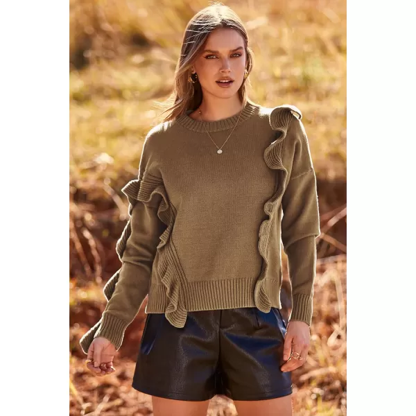 imagePRETTYGARDEN Womens 2023 Knit Pullover Sweaters Long Sleeve Crewneck Ruffle Loose Jumper Tops BlousesKhaki