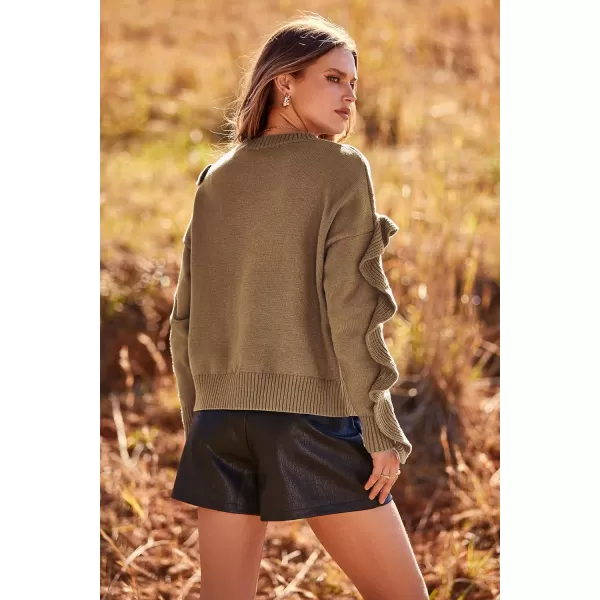 imagePRETTYGARDEN Womens 2023 Knit Pullover Sweaters Long Sleeve Crewneck Ruffle Loose Jumper Tops BlousesKhaki
