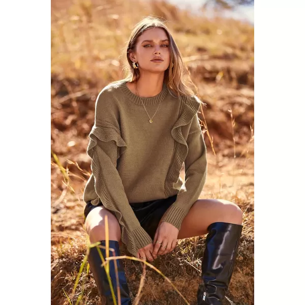 imagePRETTYGARDEN Womens 2023 Knit Pullover Sweaters Long Sleeve Crewneck Ruffle Loose Jumper Tops BlousesKhaki