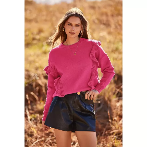 imagePRETTYGARDEN Womens 2023 Knit Pullover Sweaters Long Sleeve Crewneck Ruffle Loose Jumper Tops BlousesRose Red