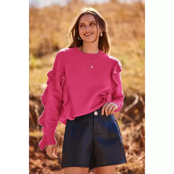 imagePRETTYGARDEN Womens 2023 Knit Pullover Sweaters Long Sleeve Crewneck Ruffle Loose Jumper Tops BlousesRose Red