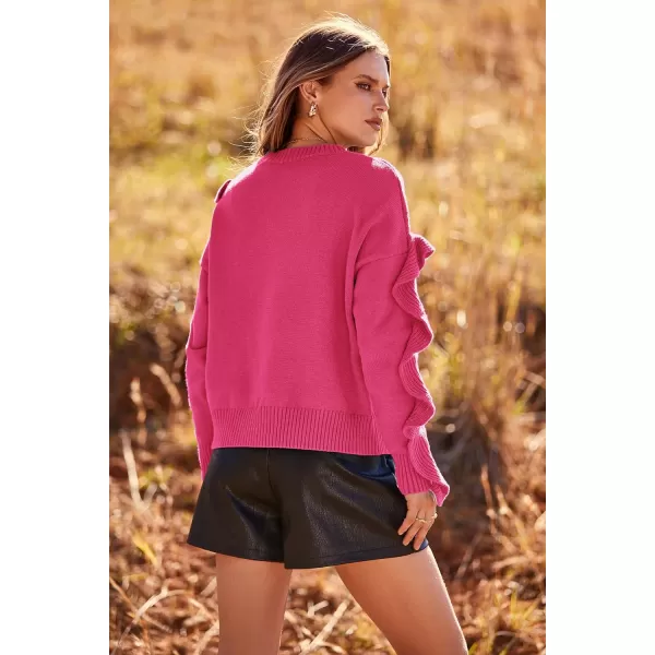 imagePRETTYGARDEN Womens 2023 Knit Pullover Sweaters Long Sleeve Crewneck Ruffle Loose Jumper Tops BlousesRose Red