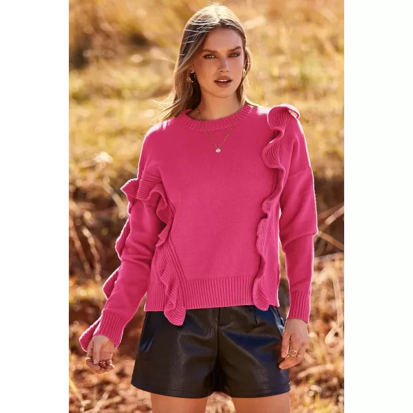 imagePRETTYGARDEN Womens 2023 Knit Pullover Sweaters Long Sleeve Crewneck Ruffle Loose Jumper Tops BlousesRose Red