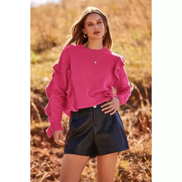imagePRETTYGARDEN Womens 2023 Knit Pullover Sweaters Long Sleeve Crewneck Ruffle Loose Jumper Tops BlousesRose Red