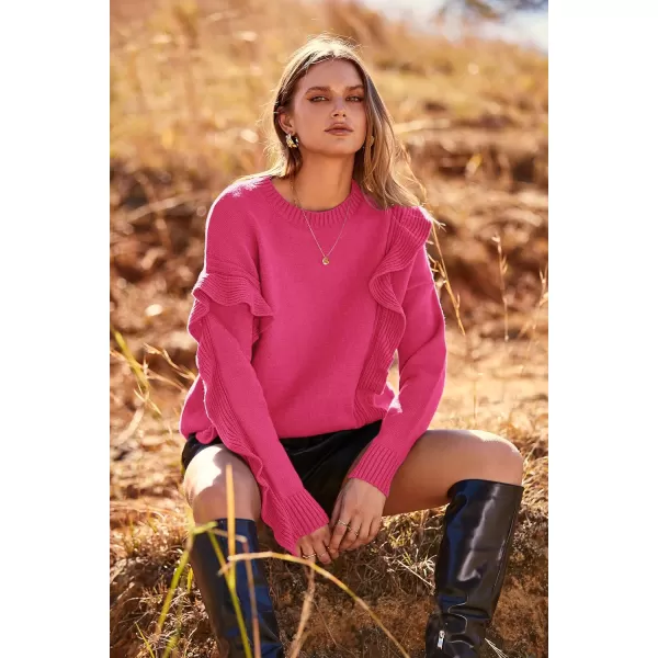 imagePRETTYGARDEN Womens 2023 Knit Pullover Sweaters Long Sleeve Crewneck Ruffle Loose Jumper Tops BlousesRose Red