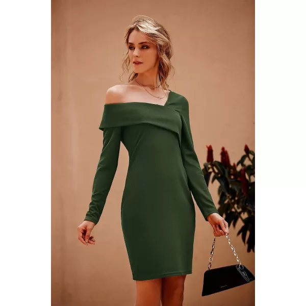 imagePRETTYGARDEN Womens 2023 Off Shoulder Bodycon Dresses Asymmetrical Neck Long Sleeve Backless Fall DressArmy Green