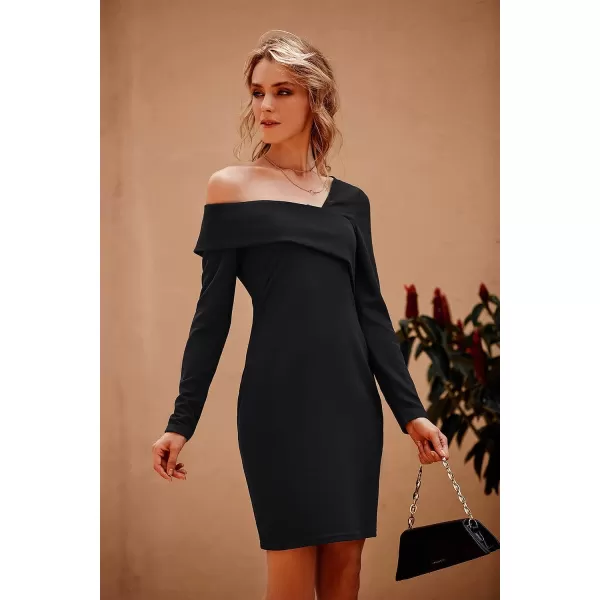 imagePRETTYGARDEN Womens 2023 Off Shoulder Bodycon Dresses Asymmetrical Neck Long Sleeve Backless Fall DressBlack