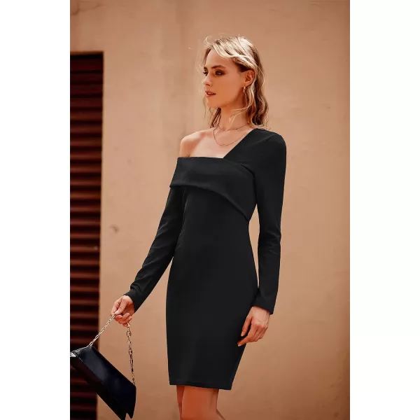 imagePRETTYGARDEN Womens 2023 Off Shoulder Bodycon Dresses Asymmetrical Neck Long Sleeve Backless Fall DressBlack