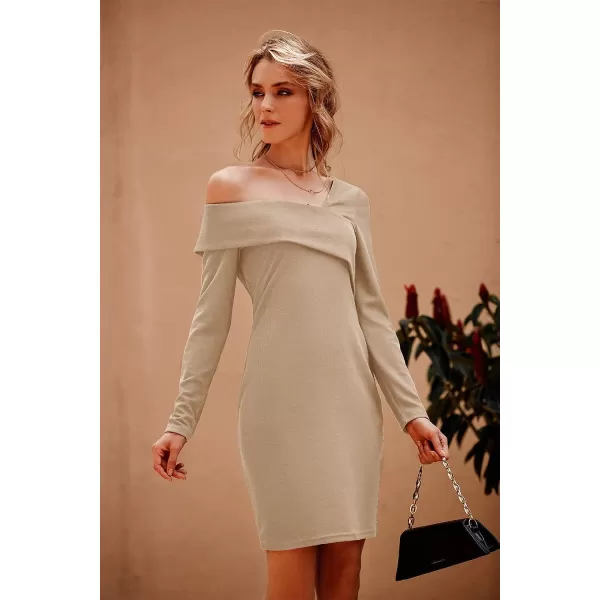 imagePRETTYGARDEN Womens 2023 Off Shoulder Bodycon Dresses Asymmetrical Neck Long Sleeve Backless Fall DressKhaki
