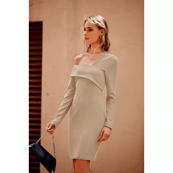 imagePRETTYGARDEN Womens 2023 Off Shoulder Bodycon Dresses Asymmetrical Neck Long Sleeve Backless Fall DressKhaki