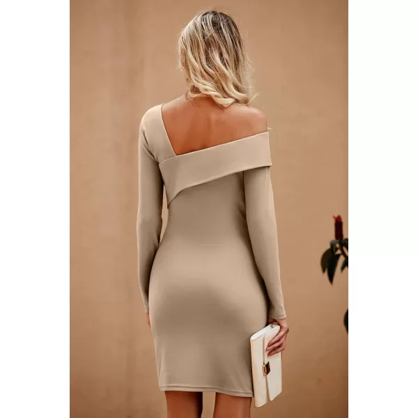 imagePRETTYGARDEN Womens 2023 Off Shoulder Bodycon Dresses Asymmetrical Neck Long Sleeve Backless Fall DressKhaki