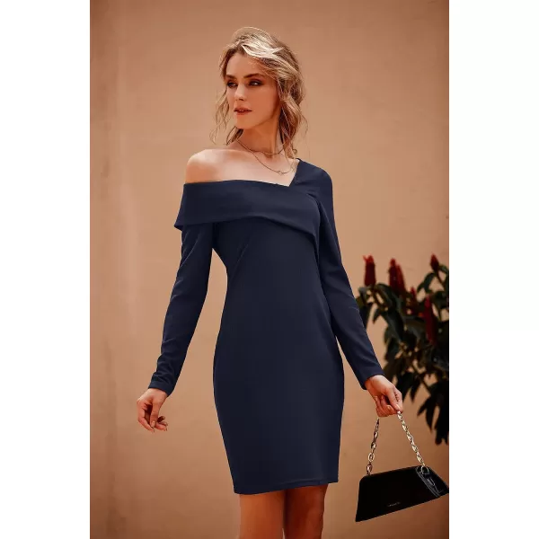 imagePRETTYGARDEN Womens 2023 Off Shoulder Bodycon Dresses Asymmetrical Neck Long Sleeve Backless Fall DressNavy