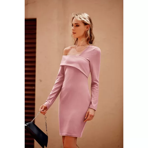 imagePRETTYGARDEN Womens 2023 Off Shoulder Bodycon Dresses Asymmetrical Neck Long Sleeve Backless Fall DressPink