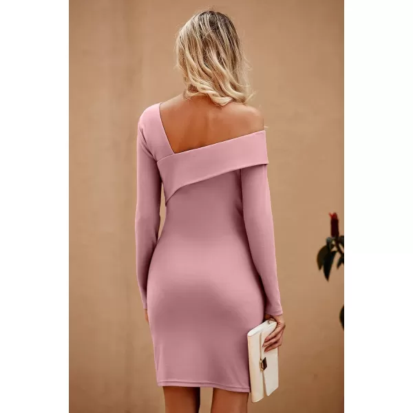 imagePRETTYGARDEN Womens 2023 Off Shoulder Bodycon Dresses Asymmetrical Neck Long Sleeve Backless Fall DressPink
