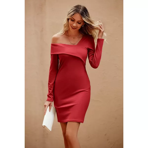 imagePRETTYGARDEN Womens 2023 Off Shoulder Bodycon Dresses Asymmetrical Neck Long Sleeve Backless Fall DressRed
