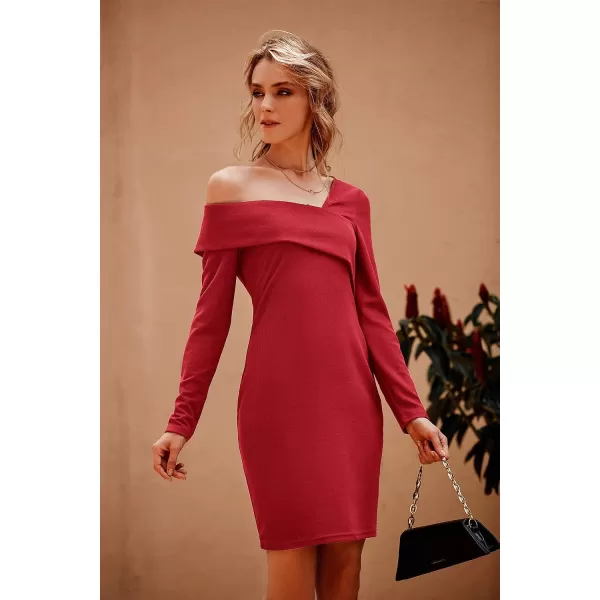 imagePRETTYGARDEN Womens 2023 Off Shoulder Bodycon Dresses Asymmetrical Neck Long Sleeve Backless Fall DressRed