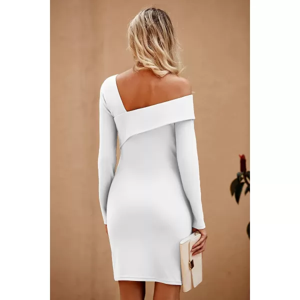 imagePRETTYGARDEN Womens 2023 Off Shoulder Bodycon Dresses Asymmetrical Neck Long Sleeve Backless Fall DressWhite