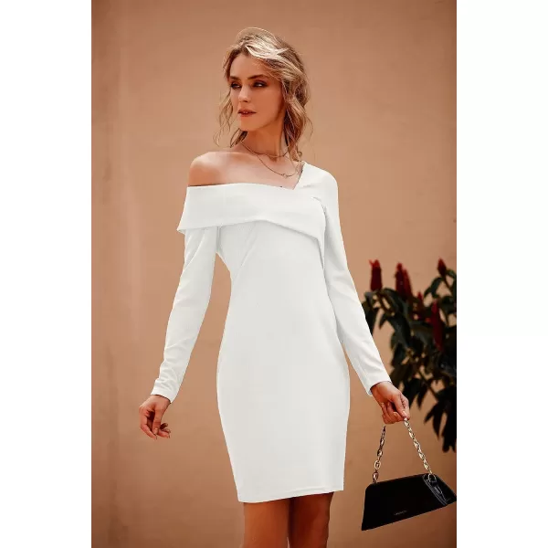 imagePRETTYGARDEN Womens 2023 Off Shoulder Bodycon Dresses Asymmetrical Neck Long Sleeve Backless Fall DressWhite