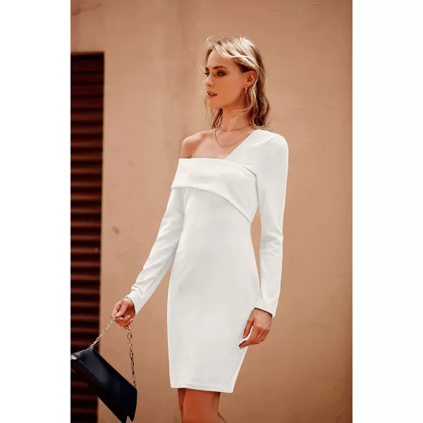 imagePRETTYGARDEN Womens 2023 Off Shoulder Bodycon Dresses Asymmetrical Neck Long Sleeve Backless Fall DressWhite