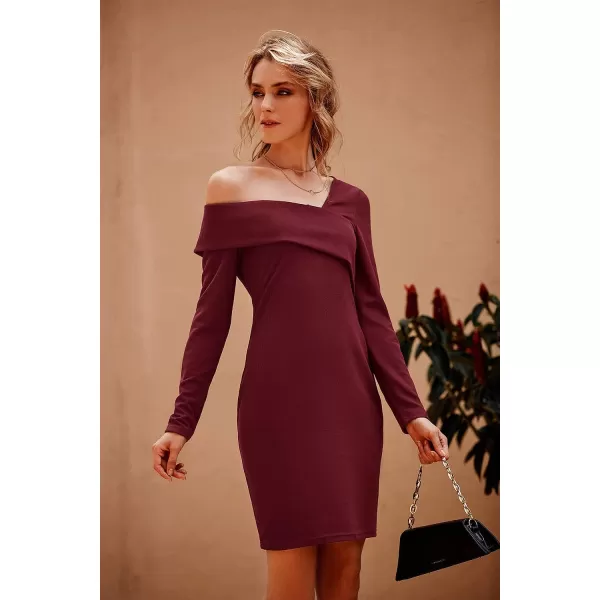 imagePRETTYGARDEN Womens 2023 Off Shoulder Bodycon Dresses Asymmetrical Neck Long Sleeve Backless Fall DressWine Red