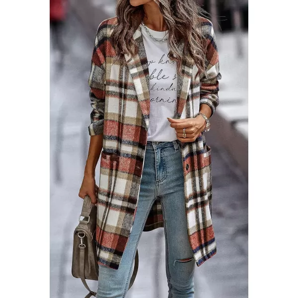 imagePRETTYGARDEN Womens 2023 Plaid Shacket Jacket Casual Button Wool Blend Winter Tartan Trench Coat With PocketsBrick Red