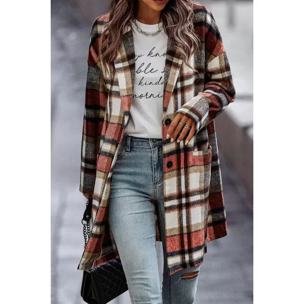 imagePRETTYGARDEN Womens 2023 Plaid Shacket Jacket Casual Button Wool Blend Winter Tartan Trench Coat With PocketsBrick Red