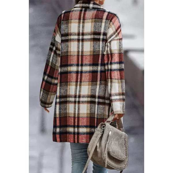 imagePRETTYGARDEN Womens 2023 Plaid Shacket Jacket Casual Button Wool Blend Winter Tartan Trench Coat With PocketsBrick Red