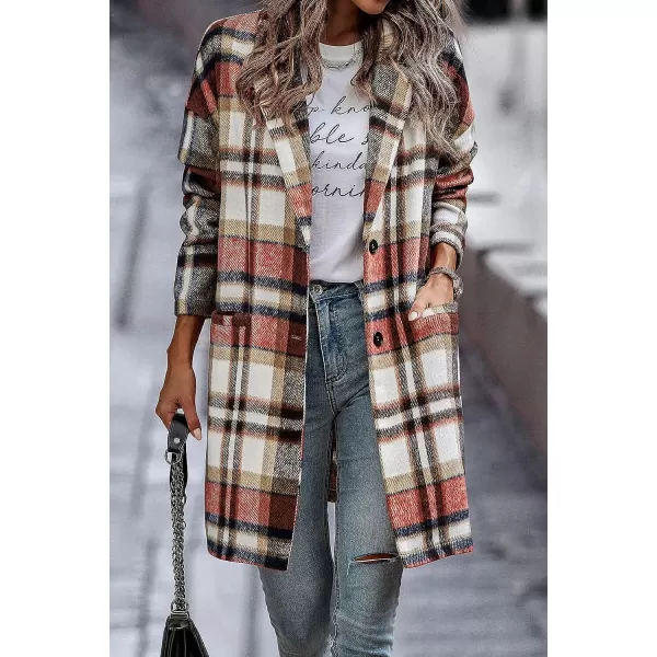 imagePRETTYGARDEN Womens 2023 Plaid Shacket Jacket Casual Button Wool Blend Winter Tartan Trench Coat With PocketsBrick Red