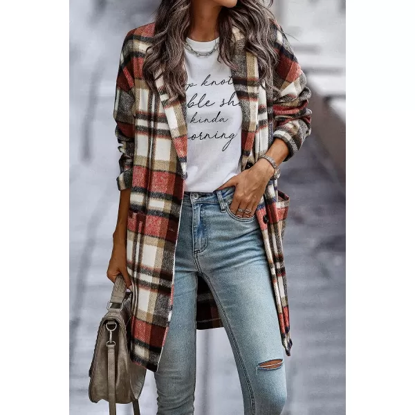 imagePRETTYGARDEN Womens 2023 Plaid Shacket Jacket Casual Button Wool Blend Winter Tartan Trench Coat With PocketsBrick Red