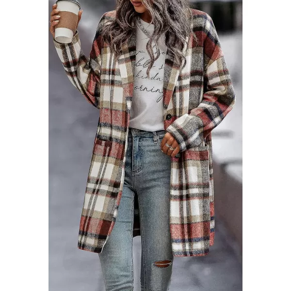 imagePRETTYGARDEN Womens 2023 Plaid Shacket Jacket Casual Button Wool Blend Winter Tartan Trench Coat With PocketsBrick Red