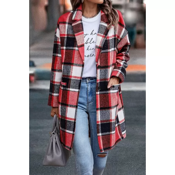 imagePRETTYGARDEN Womens 2023 Plaid Shacket Jacket Casual Button Wool Blend Winter Tartan Trench Coat With PocketsBrilliant Red