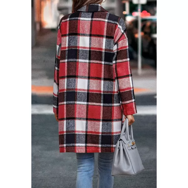 imagePRETTYGARDEN Womens 2023 Plaid Shacket Jacket Casual Button Wool Blend Winter Tartan Trench Coat With PocketsBrilliant Red